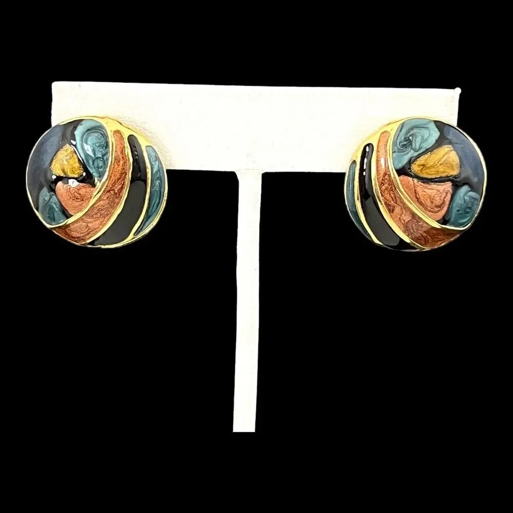 Vintage 1980s Gold Tone Stud Earrings Multicolor Shimmer Enamel Pierced - 3H
